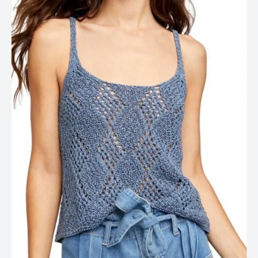 FREE PEOPLE | NEW Glisten Blue Shadow Open Knit Tank Top Women’s Size X-Large